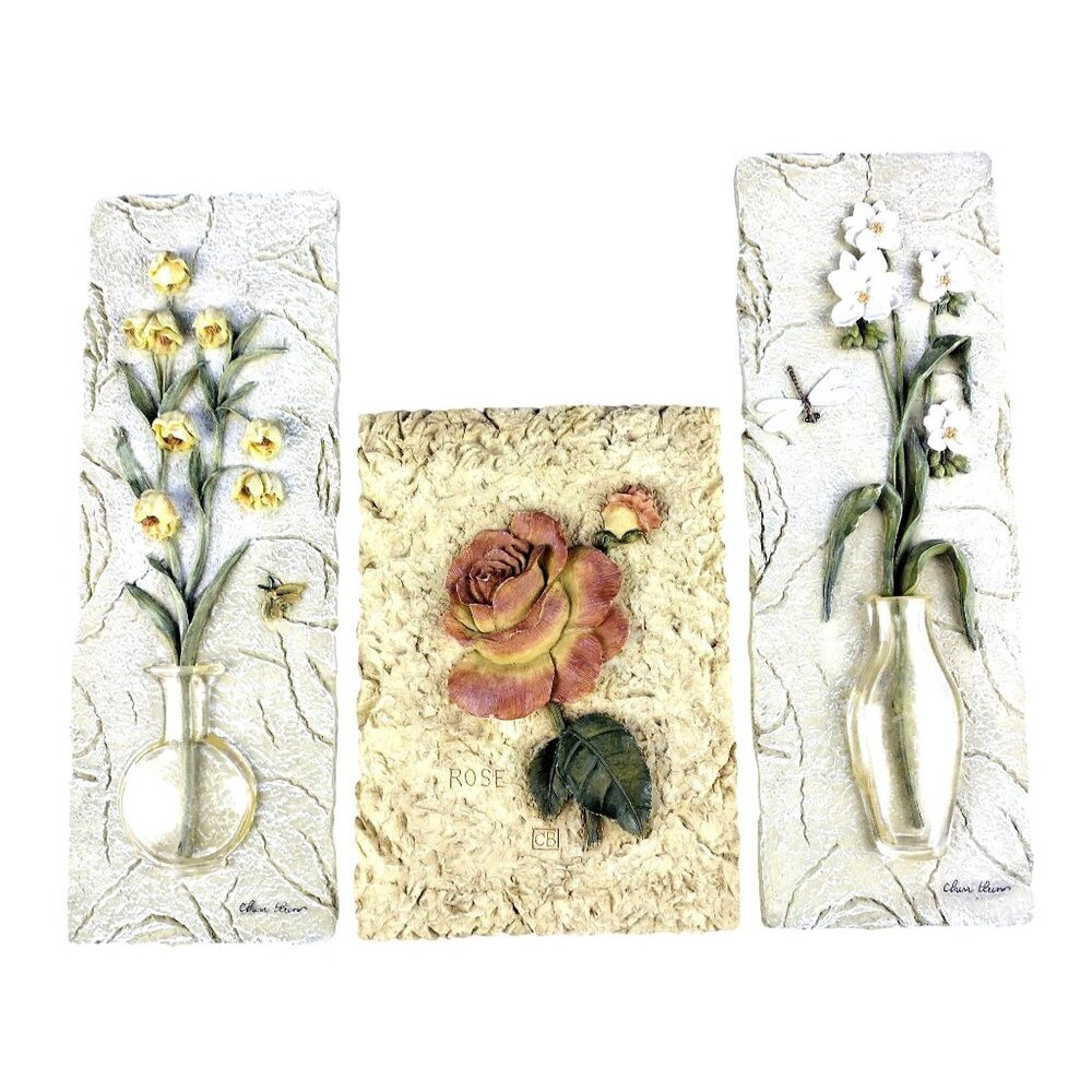 3D Wall Plaques Vintage Cheri Blum Flower Tile Art Rose Texture Relief Wall Deco